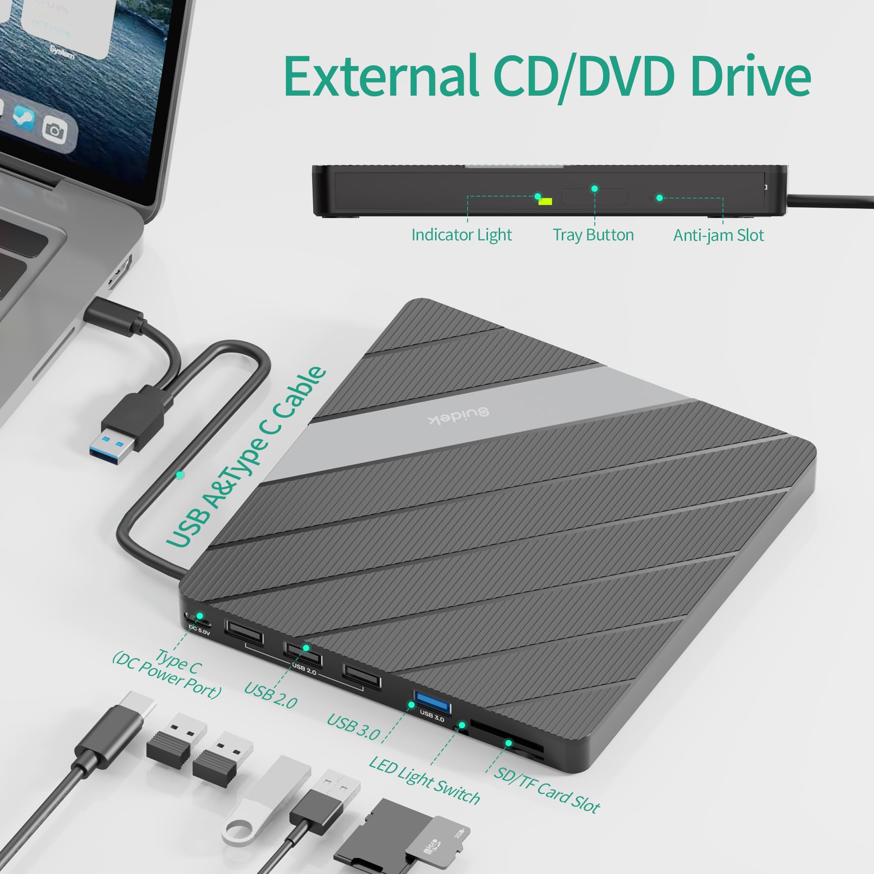 External CD DVD Drive USB C USB 3.0, Portable CD DVD +/-RW Burner DVD Player for Laptop 8 in 1 Hub with SD/Micro SD Card Reader Compatible with Laptop Mac PC Windows Linux