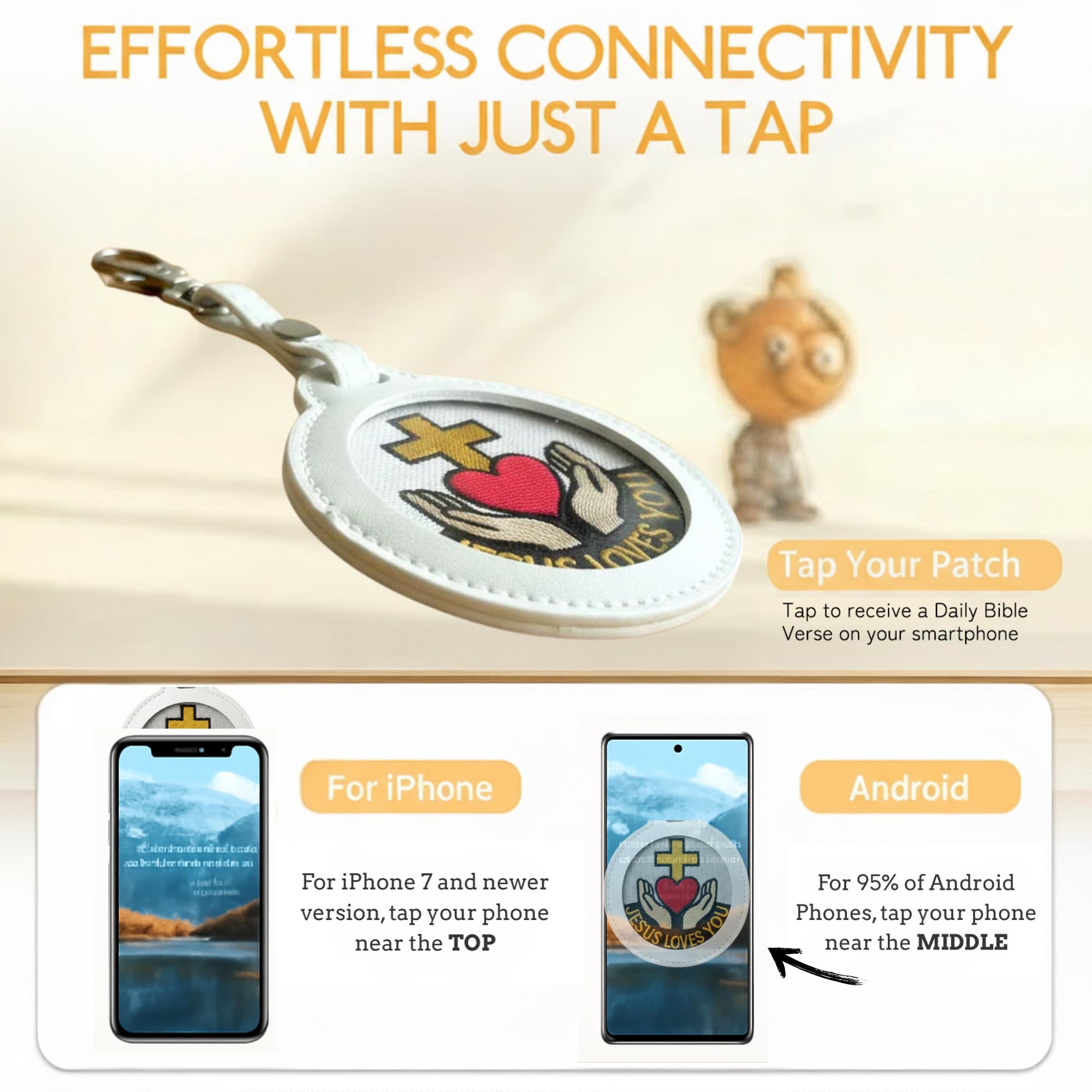 Ctctoo NFC Bible Verse Keychain | Jesus Loves You Embroidered Patch | Tap for Daily Scripture | Inspirational Christian Gift for Men & Women & Youth Groups | Smart Religious Tag for Backpacks & Keys