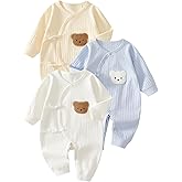 Ganwawo 3-Pack Baby Boys Girls Clothes, 100% Cotton Infant Newborn Outfit Cute Bear Ribbed Knit Long Sleeve Button Romper