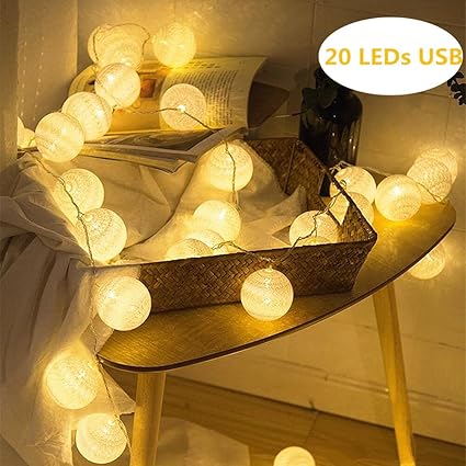 ELINKUME LED Baumwollkugeln Lichterkette, 20er LEDs 4M/13,12ft, Stromversorgung über USB, Warmweiß Cotton Ball Stimmungsbeleu