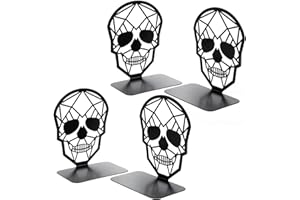 Coolnice Bookends Black Metal Book Support, Modern Skull Design Book Stopper, Non-Skid Bookend Heavy Duty Holder for Books/CDs, Decorative Book Shelf for Home & Office (2 Pairs/4 Pieces, Large)