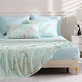 LONAVA Boho Queen Size Bed Sheet Set, 6 Piece, Deep Pocket Light Blue Fitted Sheet, Comfy & Breathable Patterned Flat Sheets, Premium Microfiber, Garden Floral Printed, Mint