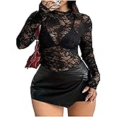 Verdusa Women's Plus Size Lace Party Sheer Going Out Tops Mock Neck Slim Fitted Shirts