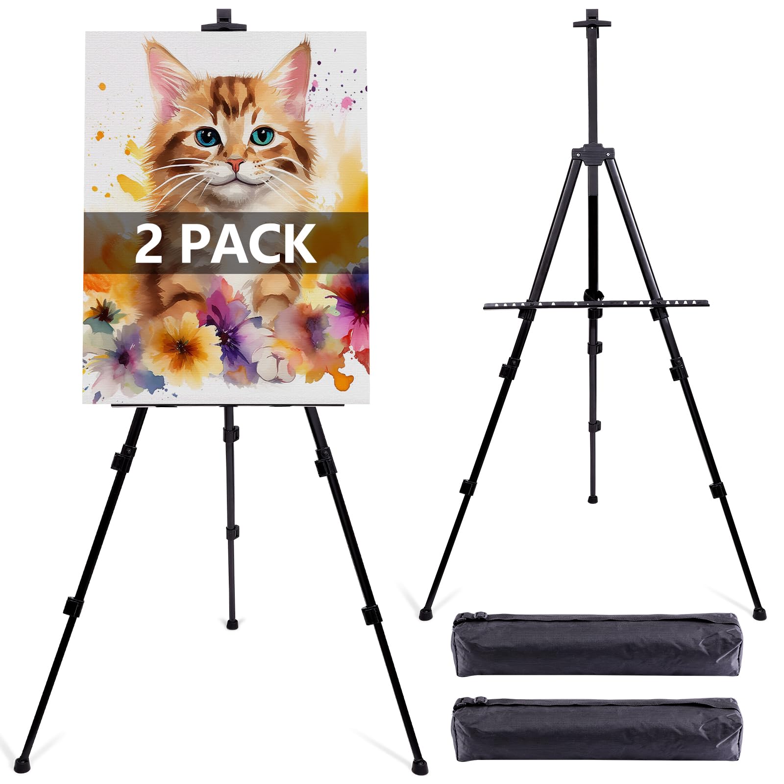 Photo 1 of 2 Pack Adjustable Art Easel Stand for Painting & Display, 17-66in Aluminum Metal Tripod with Carry Bag, Portable Travel Easel for Adults Artists
