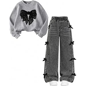 Cakaner Girls Clothes 2 Piece Fall Outfit Set Bow Long Sleeve Top and Denim Jeans Size 6-12