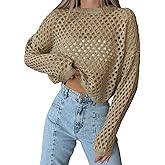 Saodimallsu Womens Crochet Crop Tops Summer Long Sleeve Mesh Knit Beach Cover Up Hollow Out Crewneck Pullover Sweaters