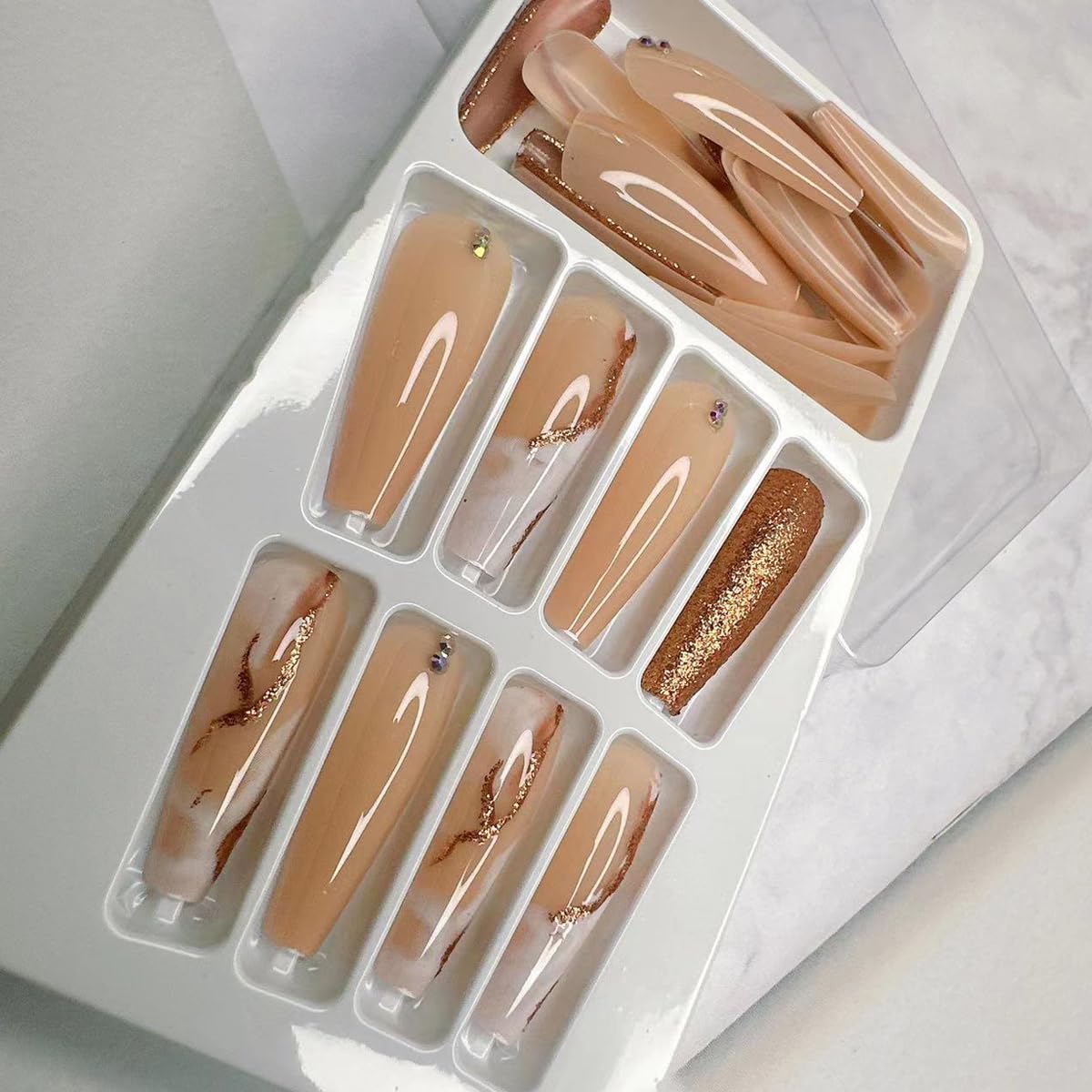 Glitter Marble Press on Nails Long - Long Square Press on Nails,Coffin Nails Glossy Shiny Fake Nails with Rhinestones Design Reusable Stick on Nails Natural Artificial Nails Glue on Nails for Women - Image 3