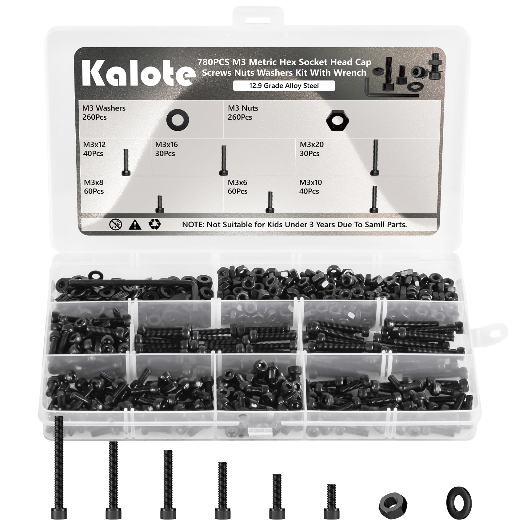 M3 Nuts and Bolts Set, 780 Pcs Hexagon Socket Head Cap, Hex Socket Cap Head Screws, Black Machine Screw Bolts and Nuts and Flat Washers Assortment Kit, for DIY Bicycle Motorcycle Repair