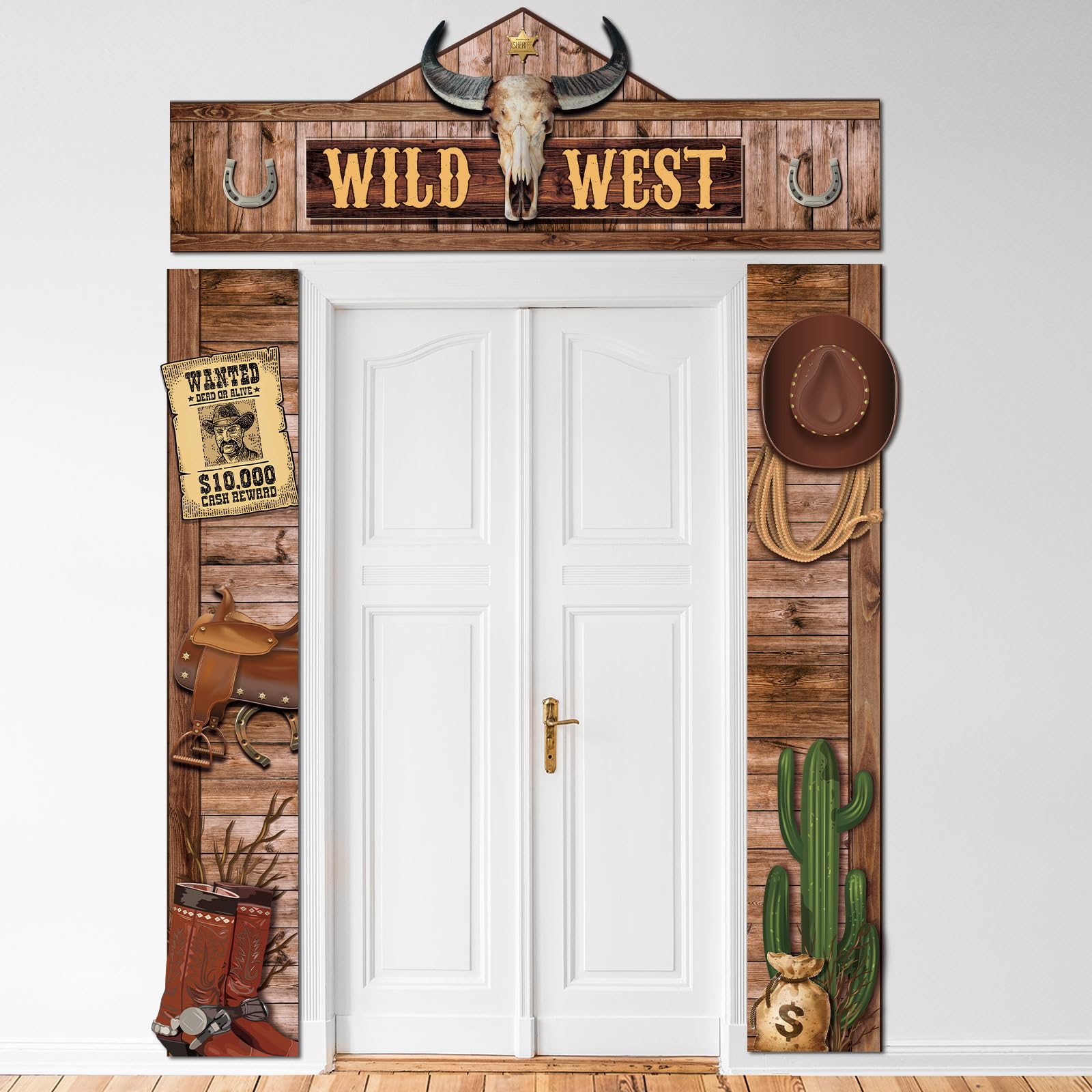 Photo 1 of Tiamon West Cowboy Party Door Decorations Wild West Parties Decorations Banner Western Cowboy Porch Sign Rodeo Saloon Door Banner for Rustic Bar Birthday Photo Booth Props Party Supplies