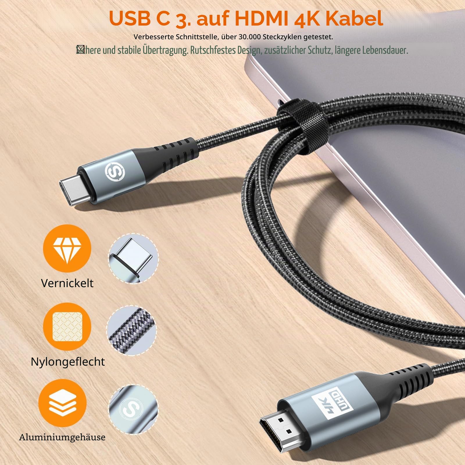 USB C auf HDMI Kabel 4K 2M (4K@30Hz)，USB Typ C zu HDMII 4K UHD Kabel Thunderbolt 5/4 Adapter Kompatibel für i Phone 17 16 15 Pro Max,MacBookPro/Air,iMac,iPad,Samsung S26 S25 zu S20,Surface,Dell,HP 5