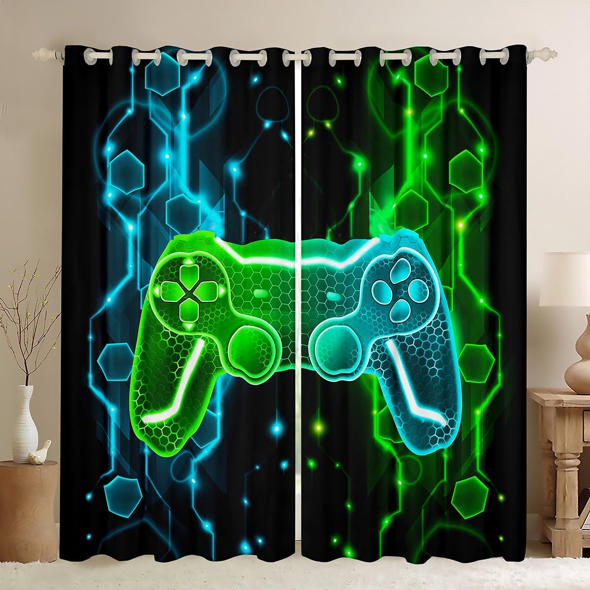 Homemissing Kids Gamer Curtains for Bedroom Game Controller Darkening Drapes W46*L54 Boys Gaming Gifts 30%-50% Blackout Curtains Gamepad Pattern Green Teal Blue Window Treatments