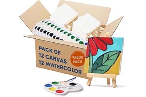 CRAFTY HAPPITOYS Mini Canvas and Easel Set with Watercolor Paint in Bulk Set of 12 - Kids Art Party Favors & Party Supplies - 4x4 Small Canvases for Painting with Easel - Water Colors Paint for Kids