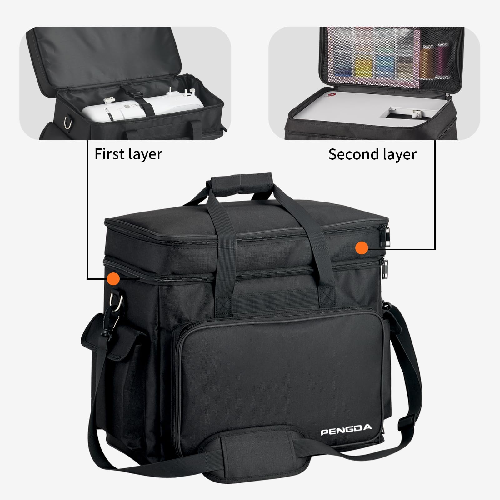 PENGDA 2 Layer Sewing Machine Case with Adjustable Shoulder Strap Sewing Machine Carrying Case Universal Tote Bag for Sewing Machine and Sewing Accessories Storage Black
