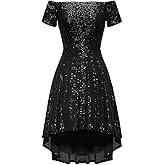 MISSCHEN Women's Sequin Sparkly Glitter Off Shoulder Short Sleeve High Low Cocktail Dress