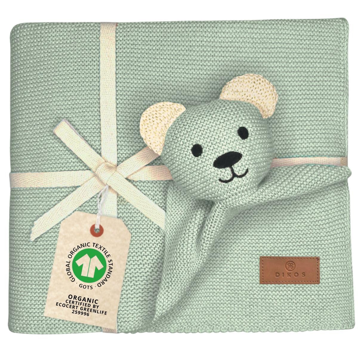 DIKOS® Original Baby Blanket Cuddly Bear Mint 100% GOTS Organic Cotton Newborn Blanket with Cuddly Toy Cuddly Blanket Knitted Blanket First Equipment Baby Girl/Boy Gift for Birth