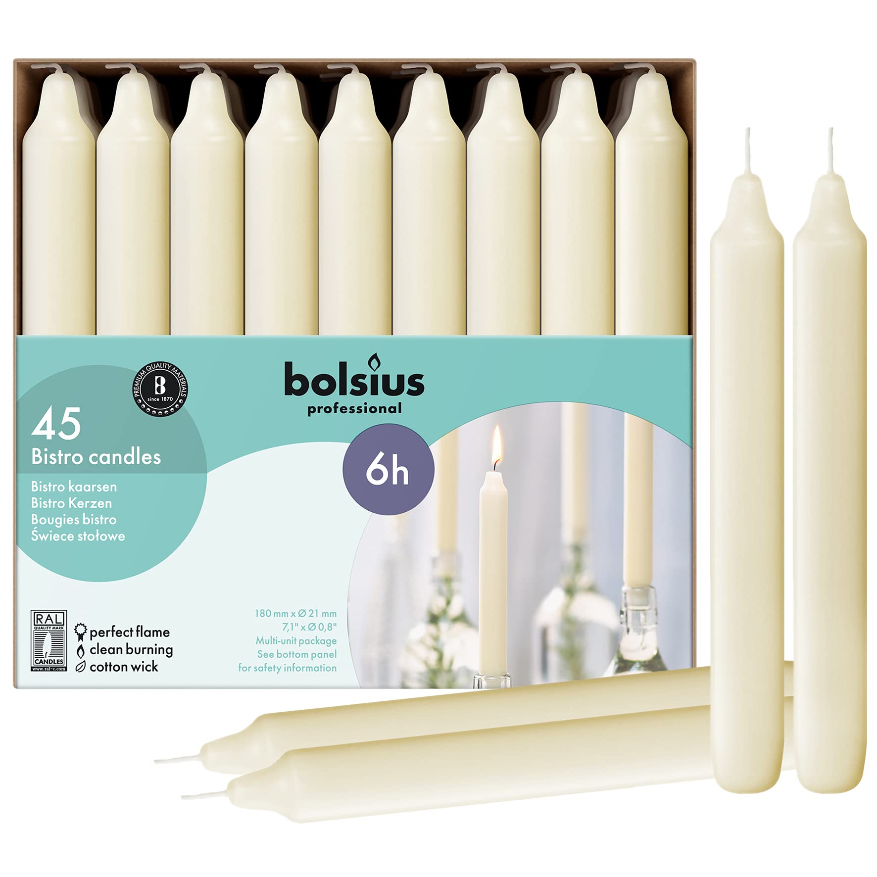 Bolsius – Tapered Candles – Box of 45 – Ivory – 18 cm – Burn Time: 6 Hours – Drip-Free