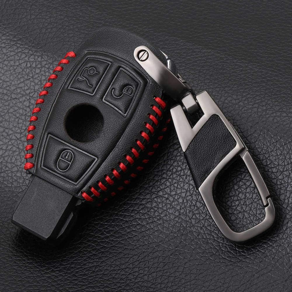 JHDKAC Car Remote Control Leather Car Key Case Cover For Mercedes Benz W203 W210 W211 W124 W202 W204 W212 CLA GLC AMG Key Bag Holder Chain-red line