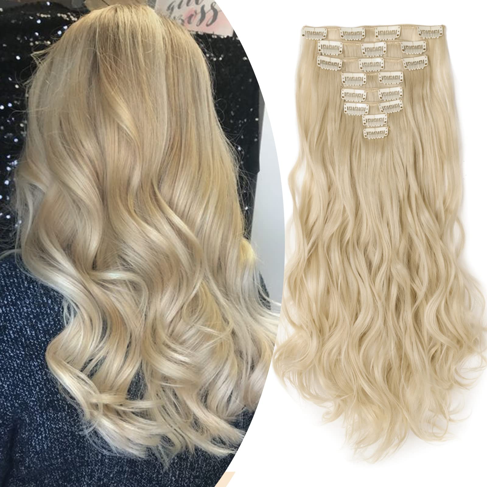 S-noilite 17-26 Inches(43-66cm) 8pcs Long Full Head Clip In Hair Extensions Extension Sexy Lady Fashion Choice 60 Colours (24 Inches-Curly, Bleach Blonde)