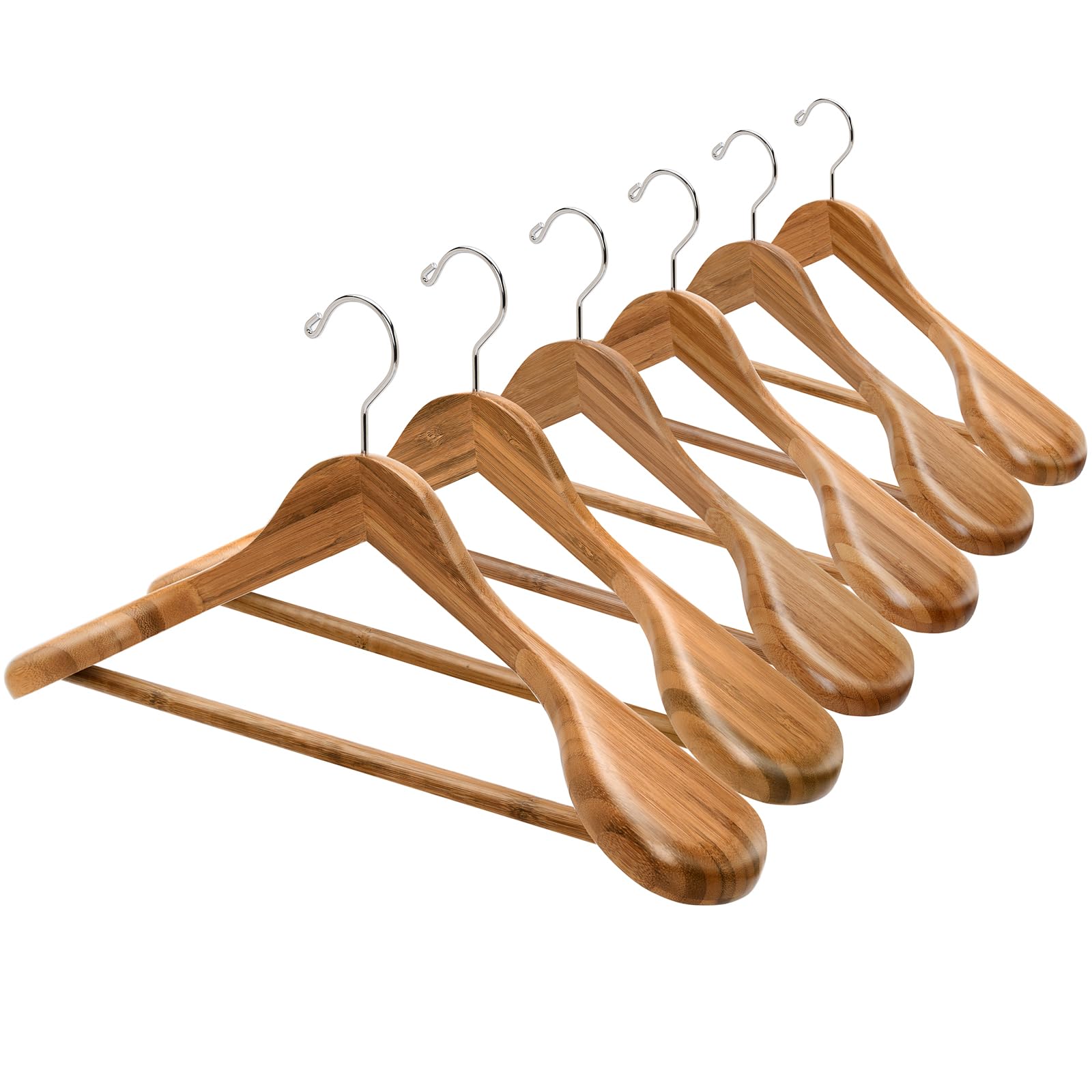 Amber Home 6 Pack Natural Wide Shoulder Bamboo Wooden Suit Coat Hangers, Bamboo Clothes Hangers with Pants Bar, Heavy Duty Bamboo Jacket Hangers for Dress, Pants, Heavy Clothes Image