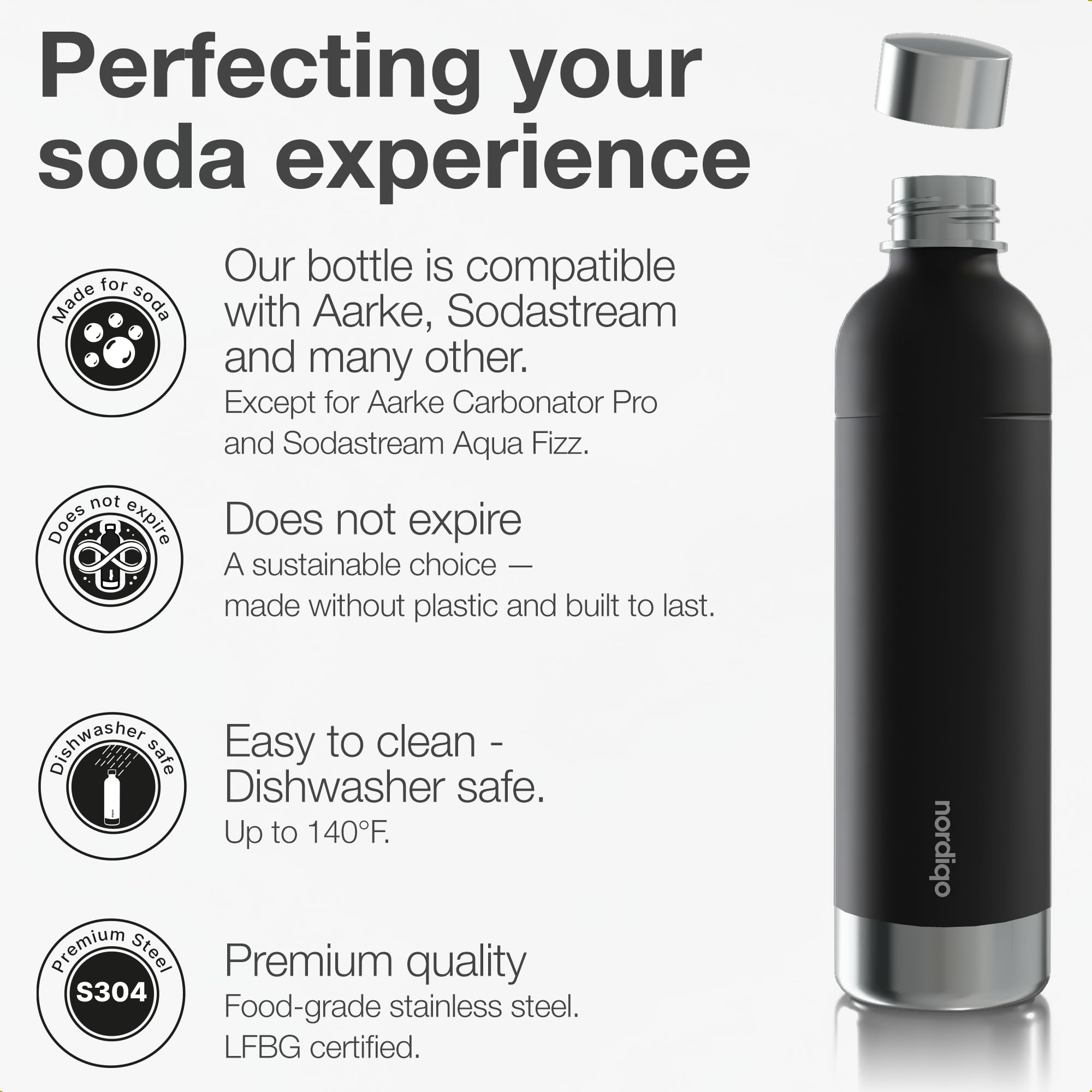 Premium 33 oz Stainless Steel Bottle - Compatible with Sodastream Art, Duo, Enso, Terra (not Aqua Fizz), Aarke Carbonator 3 | No expiration date | Dishwasher safe | Bpa-free