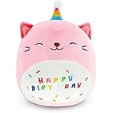 FAFVBING 9 inch Birthday Plush Pillow, Soft Plush Toy, Cute Pink Stuffed Animal, Home Room Decoration, Birthday Gift for Kids Toddlers (Cat Cap)