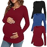 Cutecrop 3 Pack Women Maternity Tops Long Sleeve Pregnancy Ribbed Knit Shirts Crew Neck Nursing Casual Breastfeeding Clothes