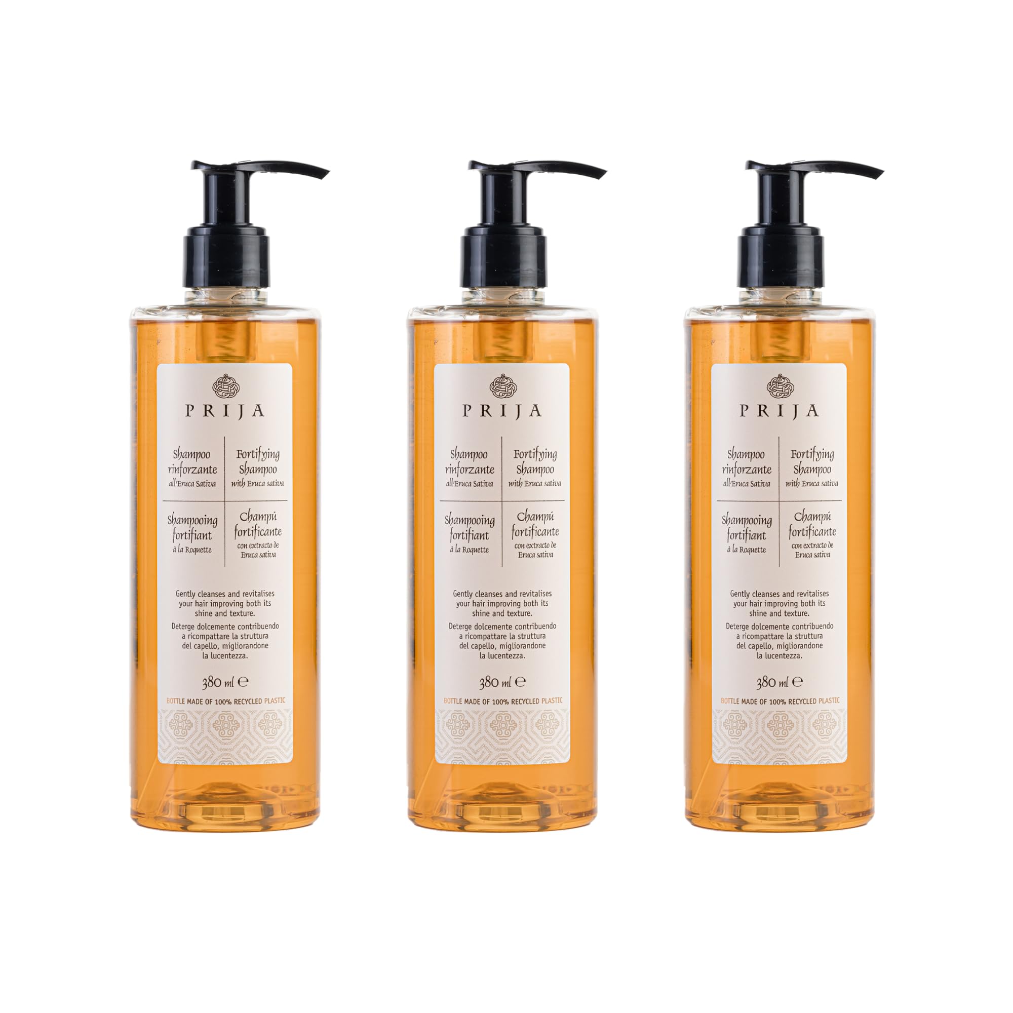 Prija Fortifying Shampoo Cleanses and Revitalises Hair with Eruca Sativa for All Hair Types, Hydrating Shampoo Boosts Shine and Improves Texture 3 x 380ml