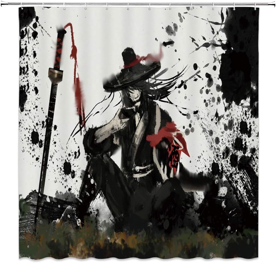 qianliansheji Warrior Shower Curtain Martial Arts Martial Arts Shower Curtain Sword Ninja Bathroom Shower Curtain Decoration Waterproof 70×70 Inch (Multi 8056)
