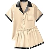 Ekouaer Womens Silk Satin Pajamas Set Short Sleeve Sleepwear Button Down Loungewear 2 Piece Pjs Shorts Set