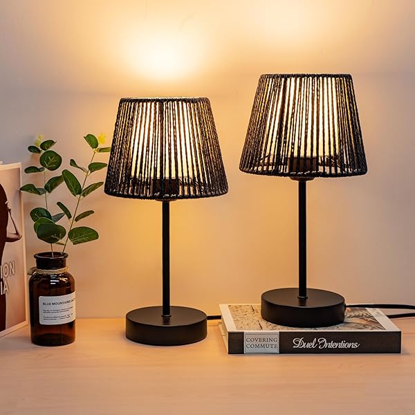 TOUCH BOHO LAMP DIMMABLE, 3-WAY BEDSIDE TABLE LAMP 14.2″, ROPE LIGHT FOR BEDROOM NIGHTSTAND FARMHOUSE, BULB INCLUDED, 2 PACKS (BLACK)