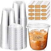 Ziliny 50 Pack 12oz Clear Plastic Cups with Strawless Sip Lids and Label Stickers, Disposable Iced Coffee Cups with Lids for Juice Smoothie Cold Beverage Shops Party Catering(Brown, Classic Style)