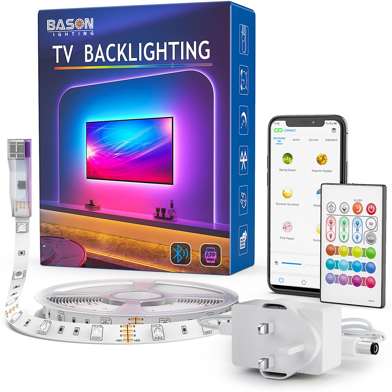 Bason TV LED Backlight with Bluetooth APP and Remote Control, LED Lights for TV 75-82inch, Color Changing Light with Music Sync, Color DIY and Timing for Game Room, Bedroom Decor, Adapter Powered