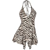 MakeMeChic Women's Halter Tops Zebra Print Backless Deep V Neck Summer Flowy Camisole Top