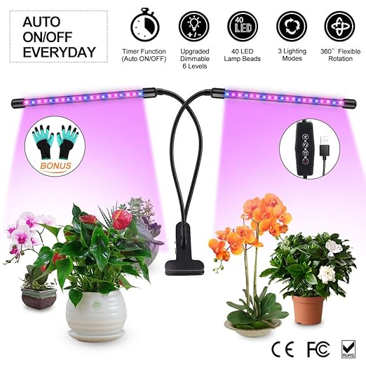 LED Pflanzenlampe,20W Pflanzenlichter für Zimmerpflanzen,40 LED Lampe Perlen,Dimmbare 6 Stufen,Dual Head Pflanzen Lampe,360?R