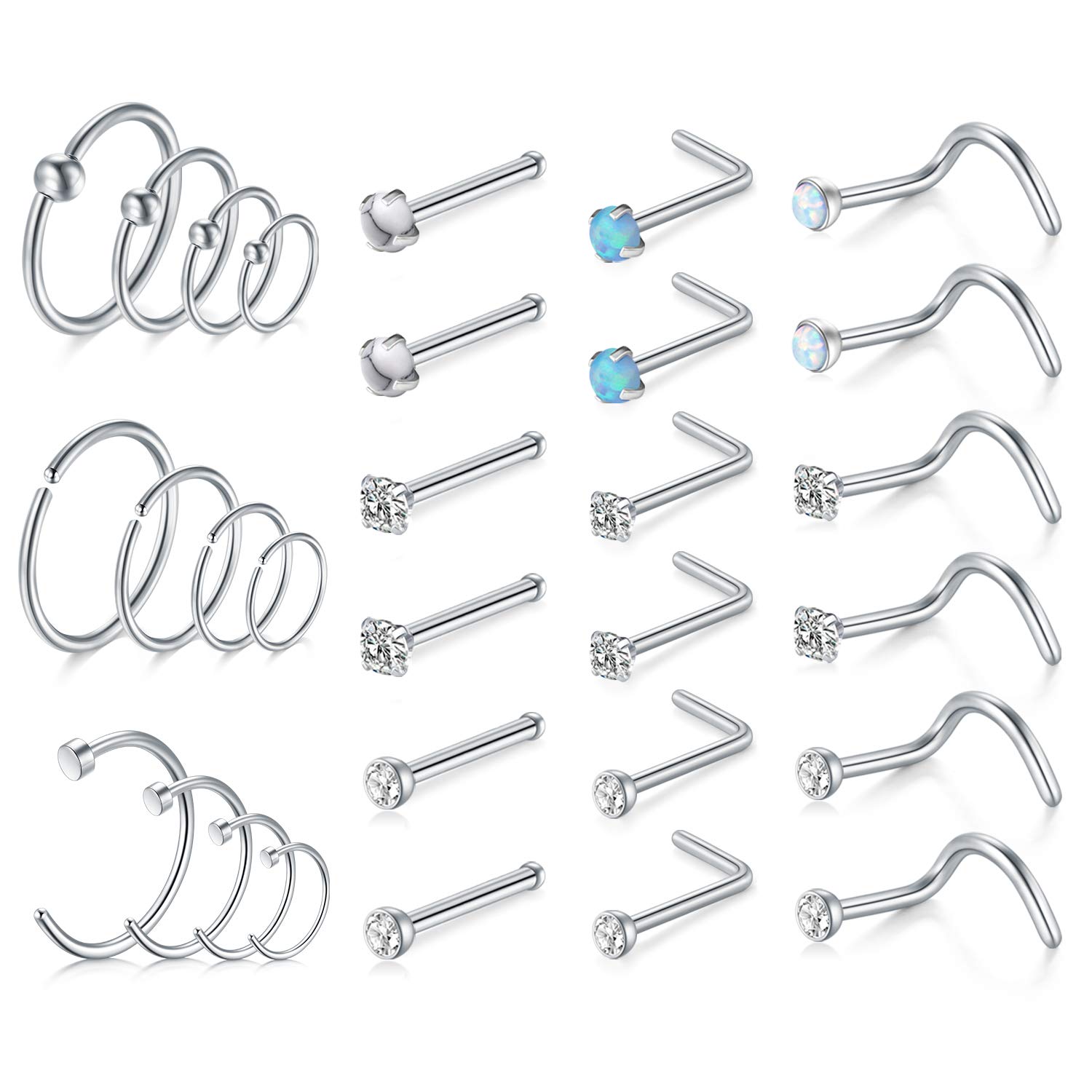 Mayhoop 20G Nose Rings Hoop Set 30PCS Stainless Steel Nose Studs Nose Screw Nose Hoop Rings CZ Piercing Jewelry for Women Men