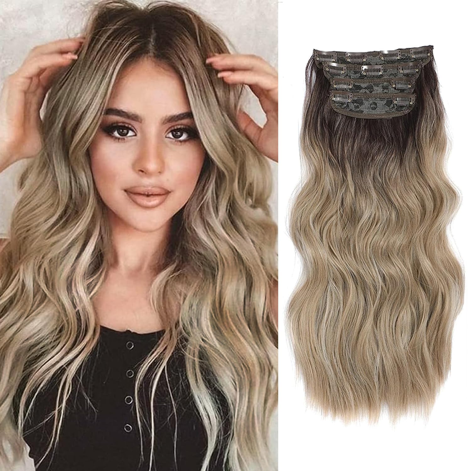 Hair Extensions Clip in 4pcs Ombre Natural Blonde Hair Extension Long Wavy Full Head Clip in Hair Extension Synthetic Fiber Hair Pieces for Women — image 1