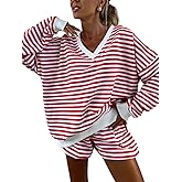 Melliflo Women 2 Piece Outfits Lounge Sets Striped Print Long Sleeve V Neck Sweatshirt and Shorts Set Sweatsuit