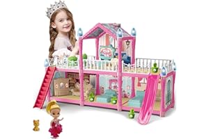 KLADNDER Doll House for Girls - 2-Story 4 Rooms Dollhouse Large Princess Playhouse Includes Dolls Puppies Furniture Accessori