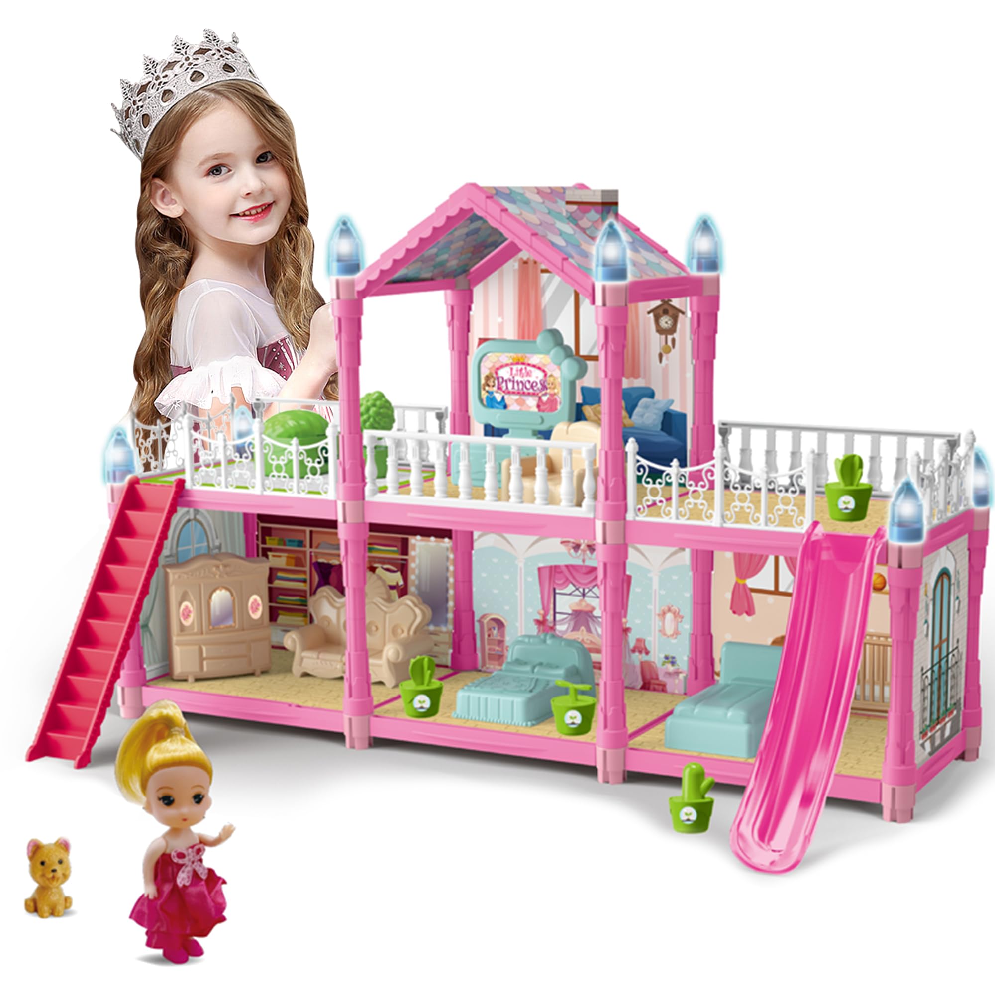 Photo 1 of KLADNDER Doll House for Girls - 2-Story 4 Rooms Dollhouse Large Princess Playhouse Includes Dolls Puppies Furniture Accessories Easy Assembly Toy for Girls 6-12 Year Olds - 3 Rooms On 1th Floor