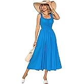 R.Vivimos Women's Summer Cotton Linen Casual Midi Dresses Elastic Straps Empire Waist A-Line Flowy Long Dresses with Pockets