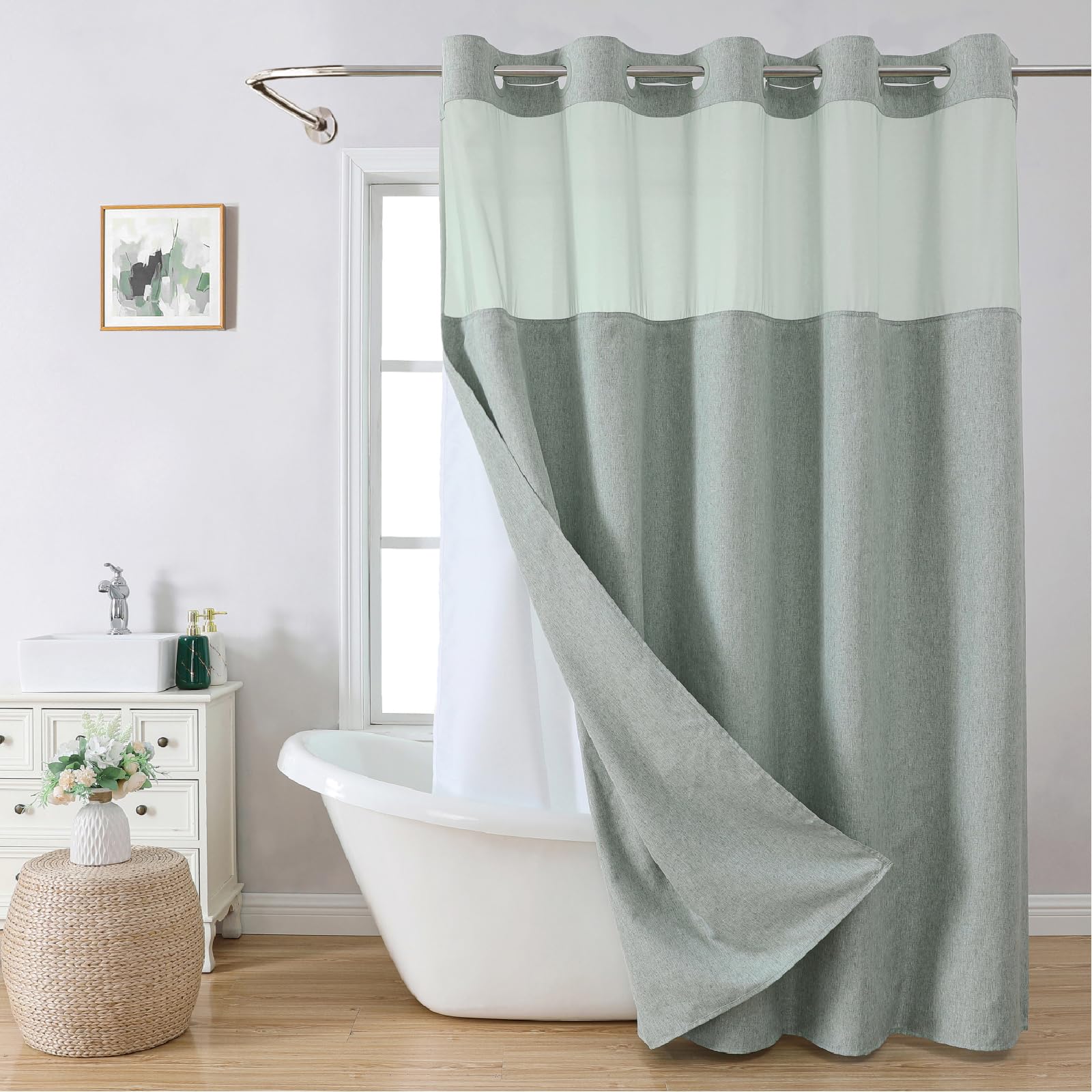 Photo 1 of eachope No Hooks Needed Linen Textured Shower Curtain with Snap-in Fabric Liner Set,Sage Green Hotel Luxury Decor Shower Curtains for Bathroom,Water Repellent & Washable,71Wx77H