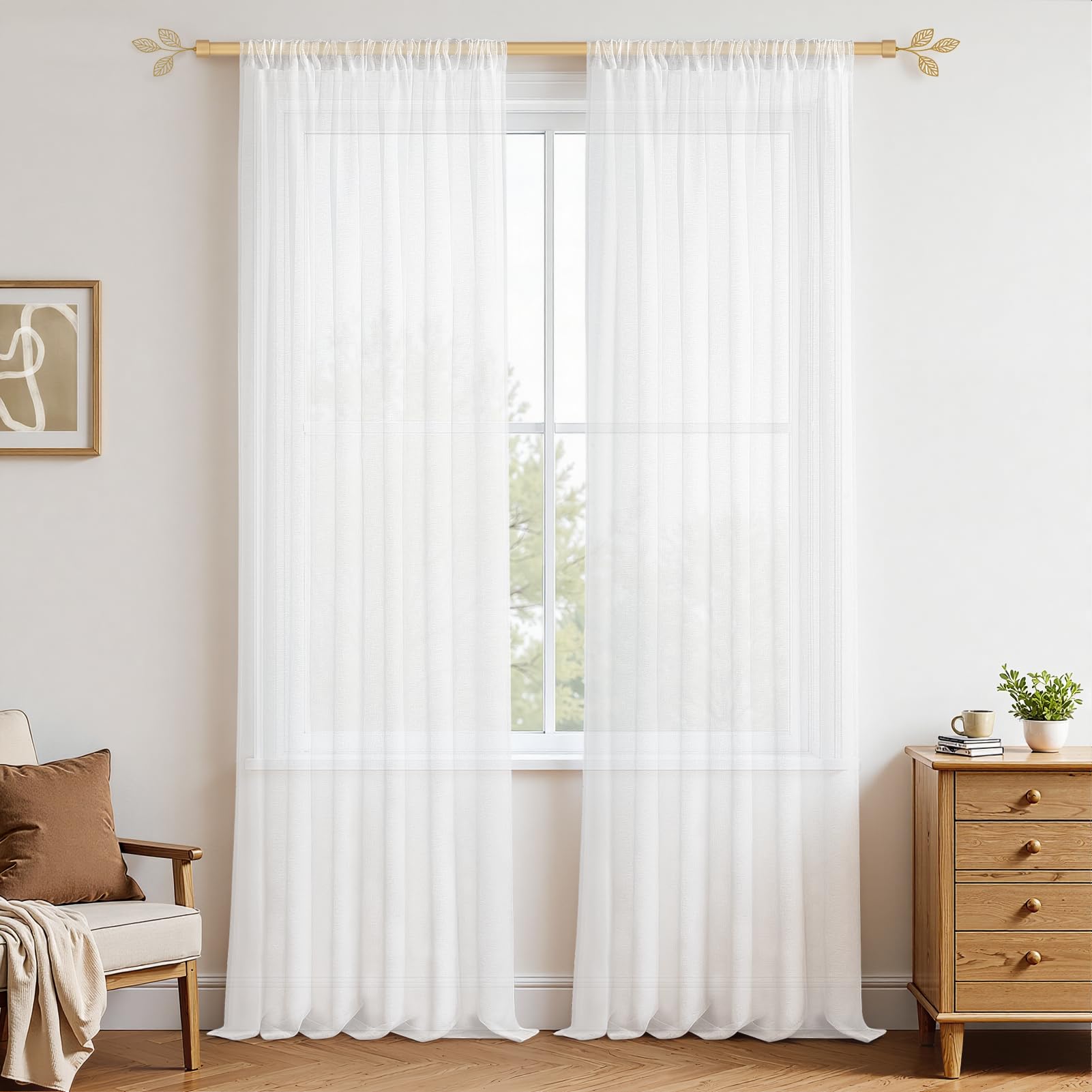 MRTREES Voile Curtains 102 Drop 2 Panels Faux Linen Rod Pocket Sheer Curtain Panel for Bedroom Living Room Patio Door 55x102 Drop 140cm x 260cm White