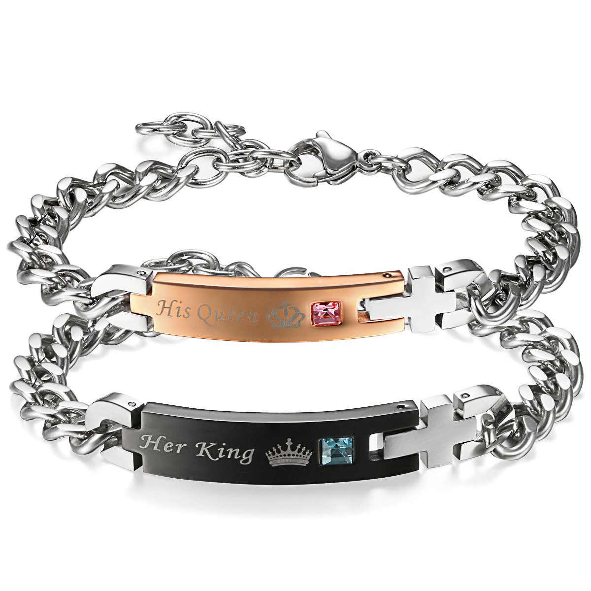 Flongo Women's Men's 2PCS Bracelets Set Color Rose Gold Black, Stainless Steel CZ Cross His Her Couples BFF Matching Bangles, Engraved His Queen&Her King Crown, Gifts for Valentine's Anniversary