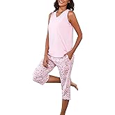 PNAEONG Women's Pajamas Set, Cotton Sleeveless Sleepwear V Neck Top Capri Pants with Pockets Soft Loungewear S-XXL