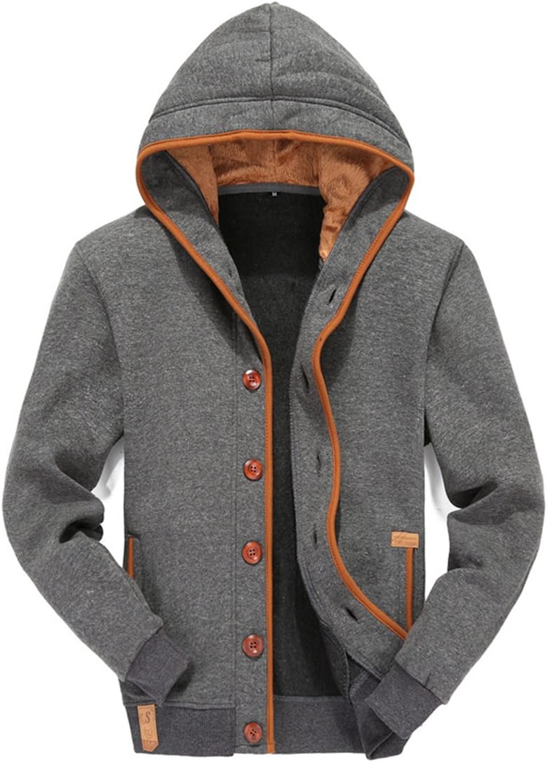 xidunpai Mens Hoodies Button Fly Hooded Sweatshirt Fleece Jacket Casual Slim Coat