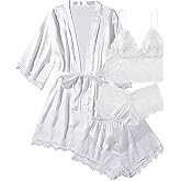 Hellomamma Silk Pajama Sets for Women: Satin Sexy Lingerie 4 Piece Sleepwear Cami Lace Pjs Set with Robes
