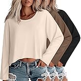 Huukeay 3 Pack Women's Long Sleeve Oversized Crop Tops Crew Neck Irregular Hem Cropped Tshirts Loose Casual Gym Yoga Shirts