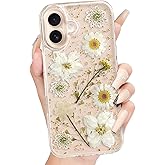 Loheckle for iPhone 16 Case for Women - Girls Cute Glitter Dried Flower Floral Girly Aesthetic Kawaii Sparkle Sparkly Glittery Bling Unique Handmade Phone Cover for Apple 16 6.1", White