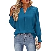 HEYTALALA Womens V Neck Long Sleeve Tops 2025 Fall Casual Loose Puff Sleeve Boho Work Blouse Dressy T Shirts