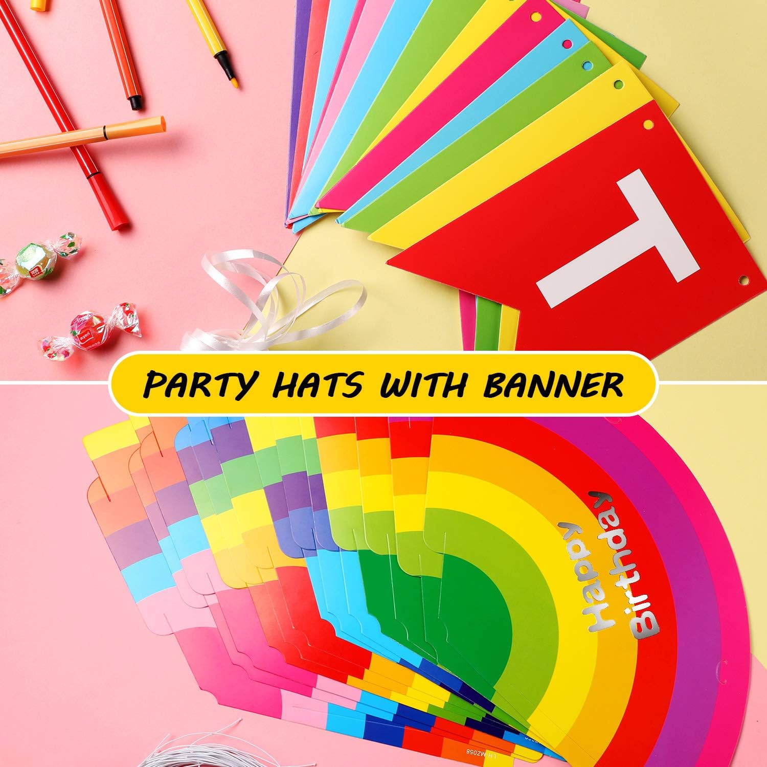 20 Pieces Rainbow Birthday Party Hats Adorable Party Cone Hats with Colorful Happy Birthday Banner for Adults Kids Birthday Party Decorations: Toys & Games
